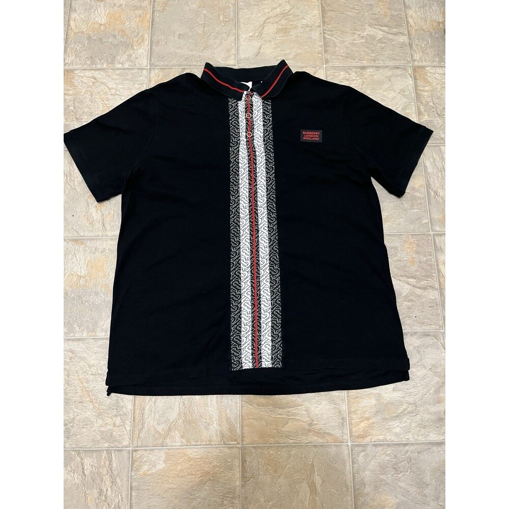 Burberry Jetford Monogram Stripe Print Polo Shirt Black Men's Size XXL Cotton